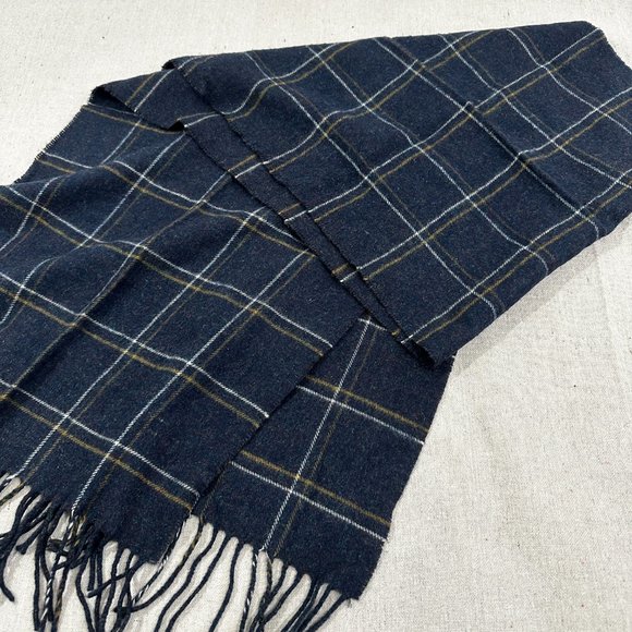 London Fog Cashmink Fashion Scarf Blue Gold Plaid Pattern Made in Germany - Picture 5 of 8